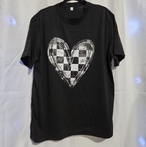 Black Short Sleeve Tee with White Checkered Heart Graphic